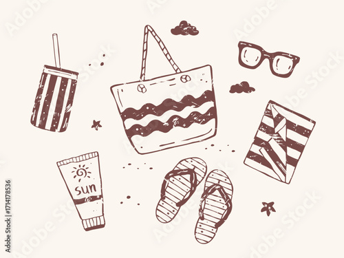 Hand-drawn vector set of beach accessories in textured doodle style. Summer elements include beach bag, flip flops, sunglasses, cocktail, towel and sunscreen, perfect for vacation and holiday design