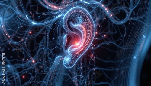 Stunning digital rendering of human ear anatomy with glowing nerve pathways showing hearing science