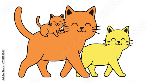 Family of Cats: A charming cartoon illustration depicts a playful family of cats, exuding warmth and affection, embodying the essence of feline togetherness. 