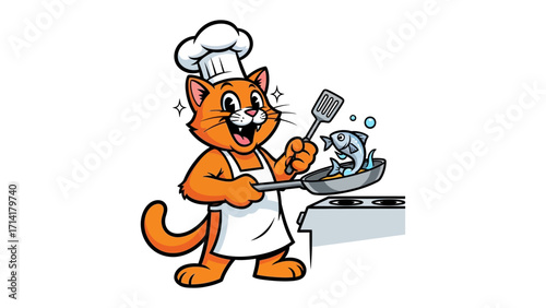 Cat Chef: A cheerful cartoon cat, donning a chef's hat and apron, is meticulously cooking a fish in a frying pan, conveying a sense of culinary expertise and playful charm. 