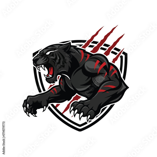 An aggressive black panther mascot with red markings lunging forward in front of a shield with red claw marks.