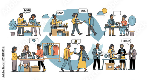 A contemporary vector illustration visualizes the circular economy, featuring diverse individuals actively swapping, trading, and reusing items for sustainable consumption.