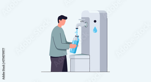 A man refills his reusable water bottle from a modern office water dispenser, promoting hydration and sustainable living.