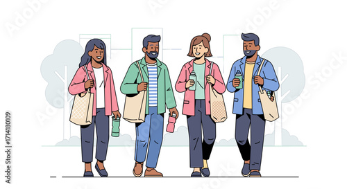 Diverse individuals walk together with reusable bags and bottles, promoting sustainable living and environmental consciousness in a modern flat illustration.
