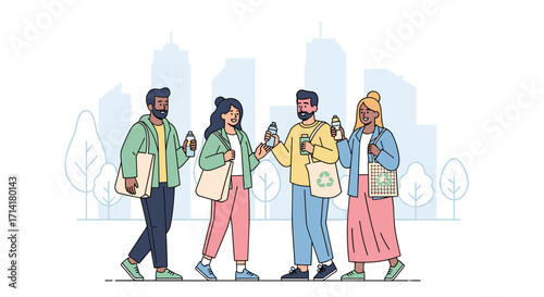A diverse group of environmentally aware individuals strolls through a modern urban setting, embracing sustainable living with reusable items.