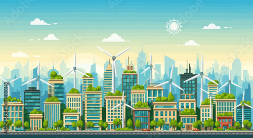 This vibrant vector illustration depicts a modern, sustainable cityscape with eco-friendly buildings and renewable wind energy, symbolizing a clean future.