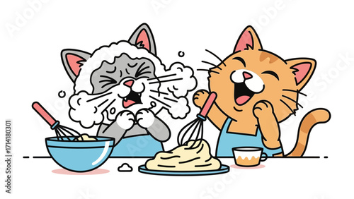 Kitten's Baking Mishap: An amusing illustration showing two cartoon kittens caught in a whimsical culinary chaos, with one covered in whipped cream and the other overcome with laughter. 
