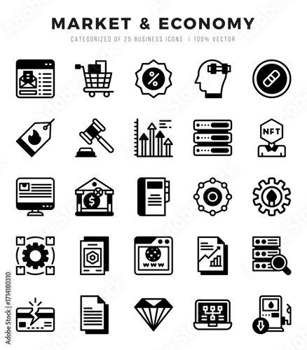 Market & Economy Lineal Filled icons collection. Lineal Filled icons pack. Vector illustration