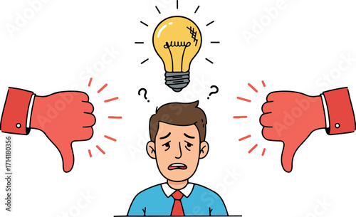 Confused Man With Thumbs Down And Light Bulb Idea Illustration