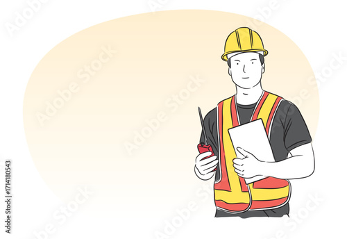 Vector concept technology occupation maintenance technician. Craftsman wearing yellow hard hat. Hard hat. Safety. Talking on walkie talkie while looking at tablet standing on isolated background.