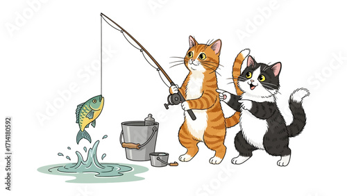 Fishing Cats: Two adorable cats engaging in a delightful fishing experience, a charming illustration capturing the essence of friendship and shared joy. 