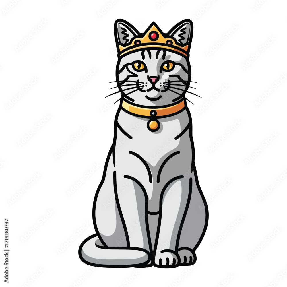 Obraz premium Regal Feline: A stately illustration of a cat adorned with a golden crown and collar, embodying elegance and poise.