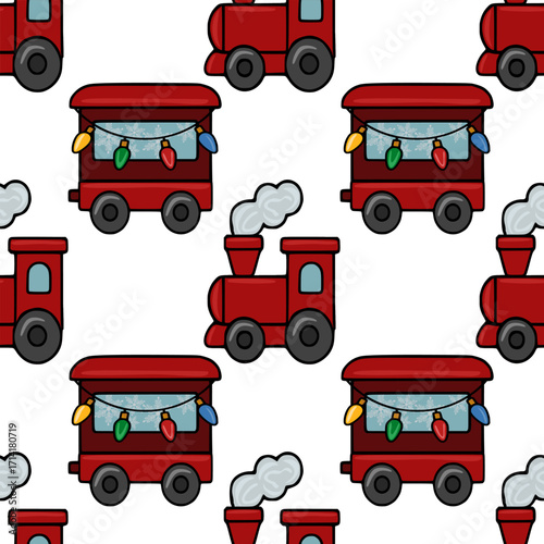 Seamless vector pattern featuring a charming Christmas train design with red locomotives, decorated carriages with festive lights and snowflakes, and puffing smoke details, perfect for holiday back...