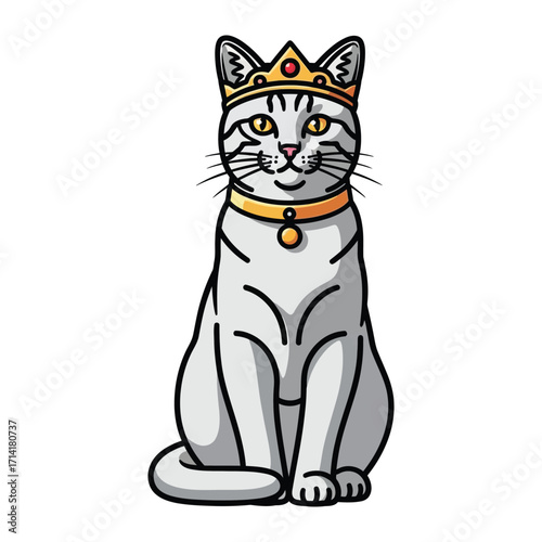 Regal Feline: A stately illustration of a cat adorned with a golden crown and collar, embodying elegance and poise.