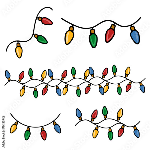 Festive Christmas light string vector illustration with various arrangements of colorful bulbs, perfect for holiday designs and decorations.