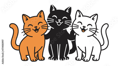 Harmony of Three Kitties: Three adorable kittens, each with unique coat colors, share a moment of pure joy. Their expressive faces and simple design convey a heartwarming scene of companionship. 