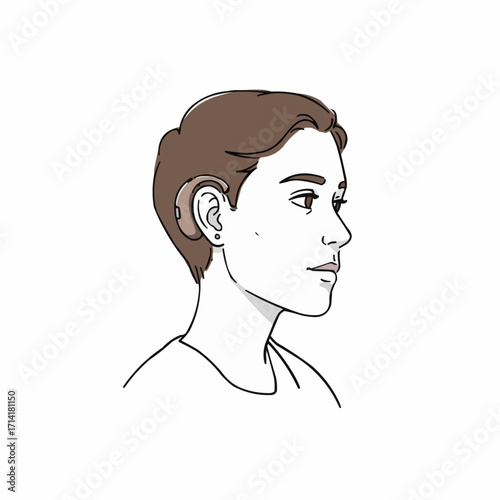 Young person with short hair wearing hearing aid in profile view  