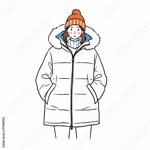 Woman wearing white parka coat with fur hood and orange hat  