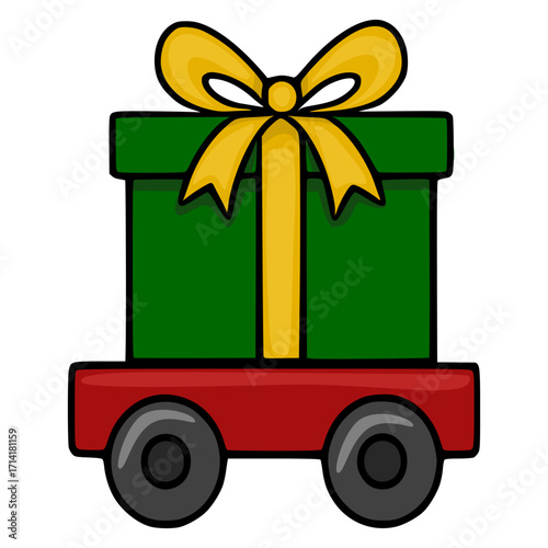 Festive vector illustration of a green gift box on a red toy wagon with large wheels, adorned with a golden bow, perfect for Christmas or holiday designs.