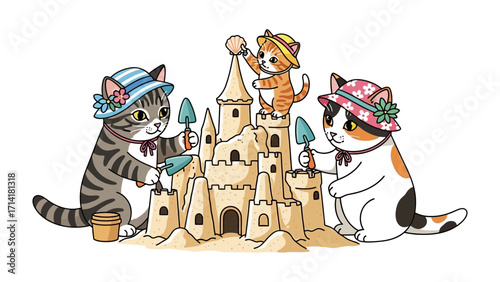 Feline Beachside Castle: An animated ensemble of feline companions collaborate to erect an intricate sandcastle by the beach, complete with delightful hats and miniature tools.