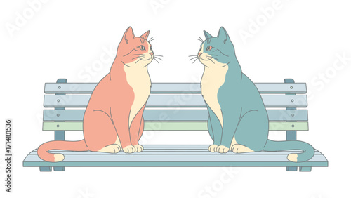 Cats' Serene Moment on a Bench: Two friendly cats sit side-by-side on a park bench, embodying tranquility in a moment of shared rest.