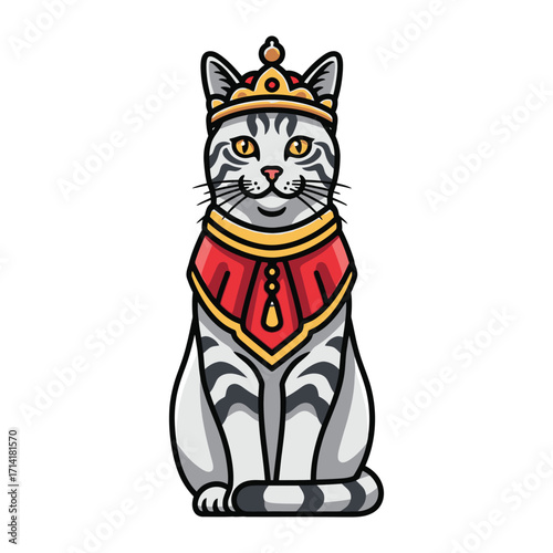 Majestic Feline Monarch: A regal cartoon cat is adorned with a crown and a red collar, exuding an air of royal splendor and commanding attention.