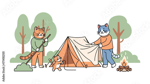 Camping with Cats: An adorable illustration showcasing a family of cats enjoying a camping adventure in a vibrant outdoor scene. The artwork captures the joy of family bonding.