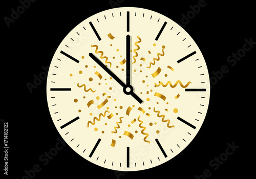 Clock Face with Confetti Celebrating New Years Eve Countdown.