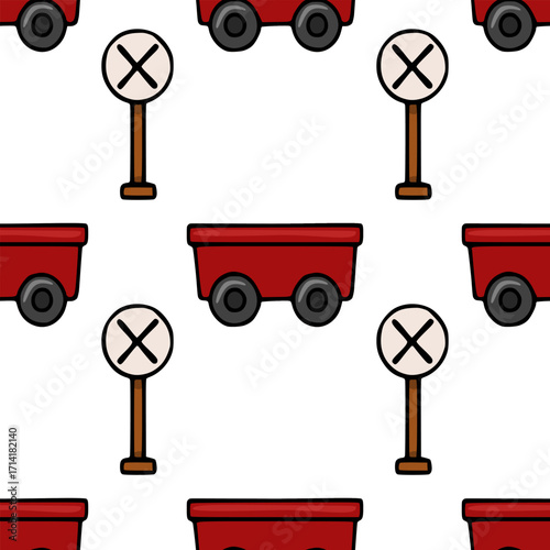 Seamless vector pattern featuring a playful illustration of red toy train cars and simple crossing signs, creating a cheerful and festive design ideal for children's products or holiday-themed proj...
