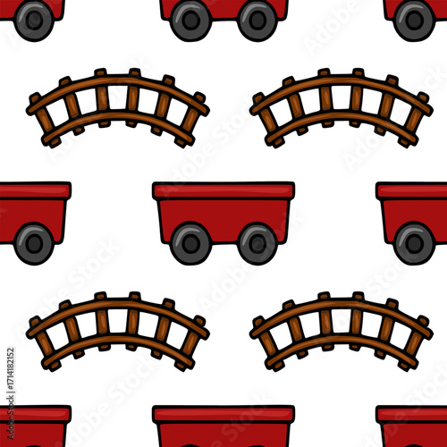 Seamless vector pattern featuring charming red toy train cars and curved wooden railway bridges, creating a playful and festive Christmas-themed design perfect for wrapping paper or children's prod...