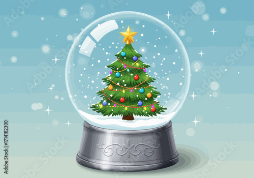 Decorated Christmas Tree Inside a Snow Globe with Falling Snow.