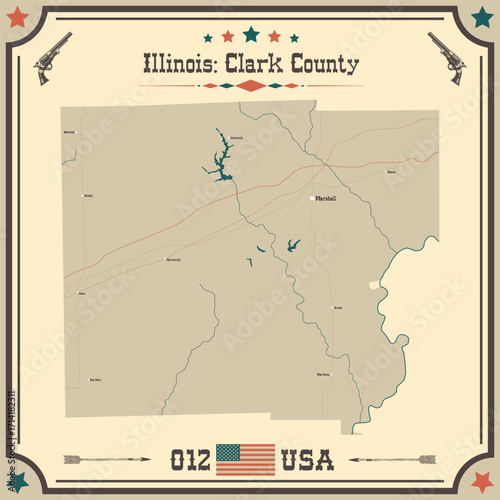 Large and accurate map of Clark County, Illinois, USA with vintage colors.