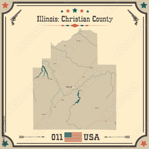 Large and accurate map of Christian County, Illinois, USA with vintage colors.