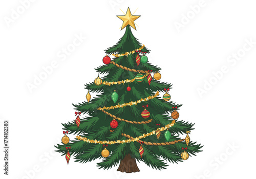 Decorated Christmas Tree with Star Topper Ornaments and Garland Illustration.