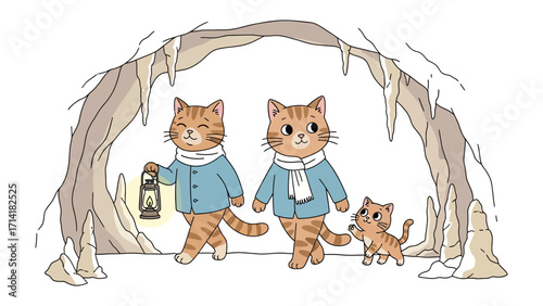 Cartoon Cats in Cave: An adorable cartoon family of cats, father, mother and baby kitten, bundled in winter clothing, venturing together into an icy cave, lantern in hand.