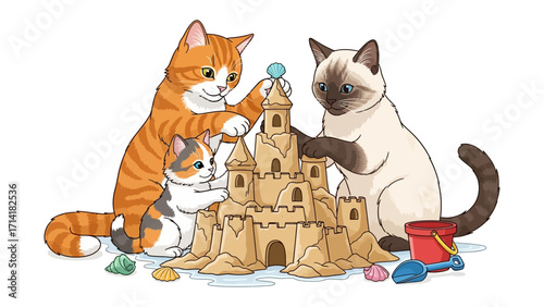 Playful Cats Building Sandcastle: Three adorable cats work together to construct a magnificent sandcastle on the beach, showcasing the joy of teamwork and the beauty of creative play. 