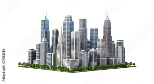 Modern city skyline with skyscrapers isolated on transparent background