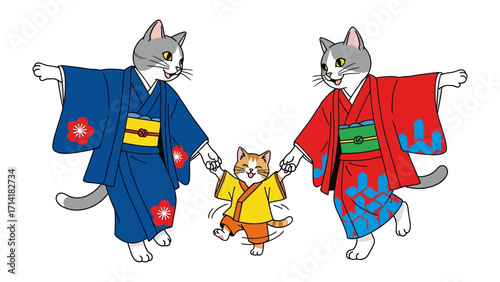 Happy Cats in Kimono: A charming illustration of three cats, adorned in traditional kimonos, dancing joyfully together, showcasing the beauty and harmony of cultural celebration.