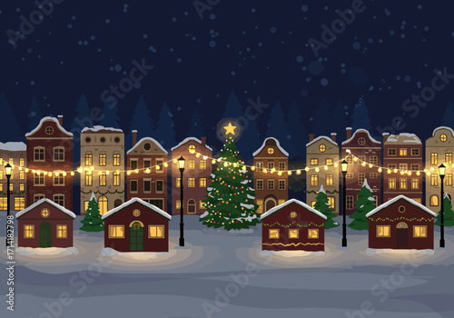 Festive Christmas Village Scene with Decorated Tree and Lights.