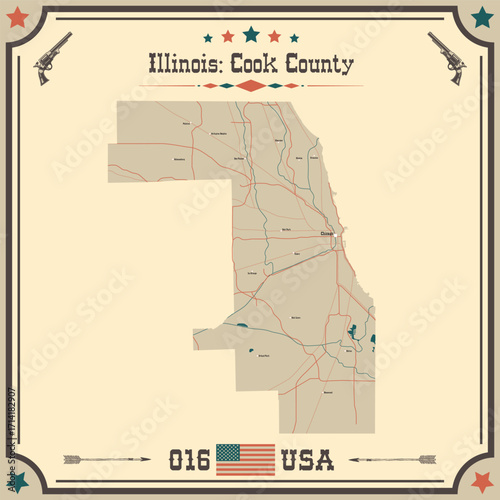 Large and accurate map of Cook County, Illinois, USA with vintage colors.