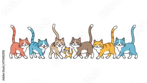 Feline Family Parade: A cheerful illustrated scene of a family of cats with vibrant colors, all marching in the same direction, is sure to brighten any project. 