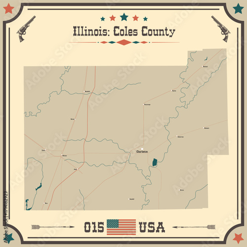 Large and accurate map of Coles County, Illinois, USA with vintage colors.
