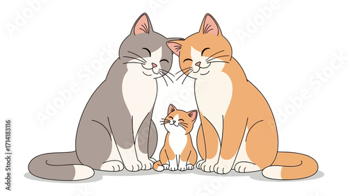Cat Family Portrait: A heart-warming illustration of a cat family, showcasing the simple joys of companionship. The three cats, a pair of affectionate parents and a cheerful kitten.