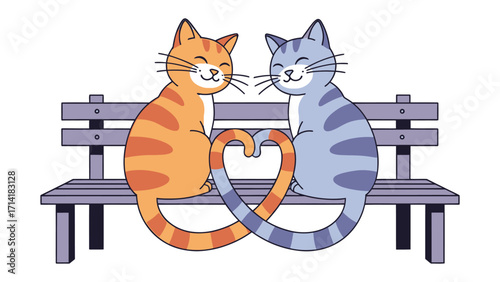 Feline Serenade of Love: Two charming cats form a heartwarming symbol of unity on a park bench, as their tails intertwine, expressing the purest essence of affection.