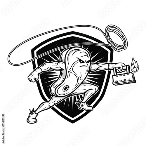 A muscular cartoon steak mascot with a lasso and flaming branding iron in a black and white illustration.