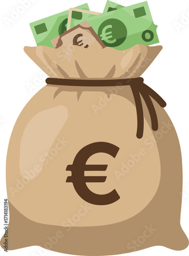 Illustration Of A Beige Money Bag With Euro Symbol Full Of Green Banknotes