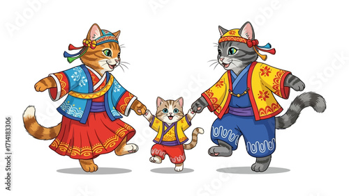 Whimsical Cat Family in Cultural Attire: A charming illustration depicts a playful cat family donned in vibrant traditional attire, happily dancing together.