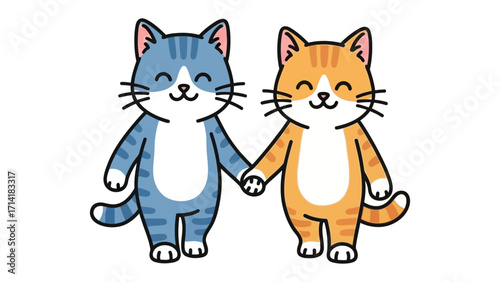Cartoon Cat Duo's Adorable Bond: Two charming cartoon cats, one blue and one orange, stand side-by-side, holding hands. Their expressions radiate pure joy and a sense of affectionate camaraderie.