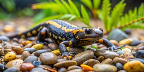 Close-up of a fire salamander on smooth pebbles near lush green vegetation