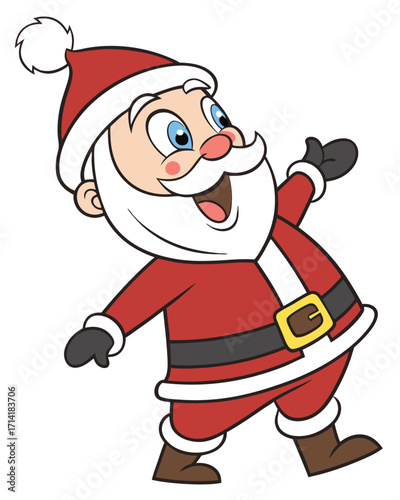 A cheerful cartoon Santa Claus wearing a red suit with white trim, a black belt with a gold buckle, and brown boots. He has a white beard, a red hat with a white pom-pom, and is waving.